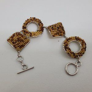 Beaded Bracelet Geometric Silver Tone Brown Seed B